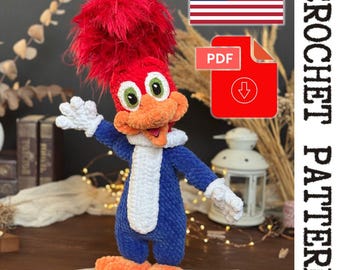 Plush Woodpecker Crochet Pattern - printable PDF A crocheted toy for games or the decor of your home.