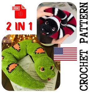 Può includere: L'immagine presenta due modelli di serpenti all'uncinetto. Uno è verde con segni arancioni, l'altro rosso, nero e bianco. L'immagine include il testo "2 IN 1" e "CROCHET PATTERN", un'icona PDF e la bandiera americana.