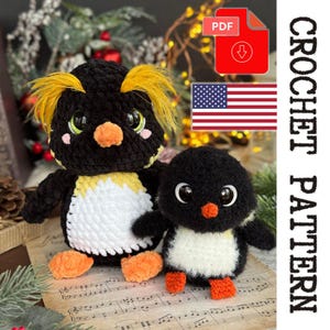 May include: Two crochet penguin toys. The larger penguin has black yarn with yellow accents, a white belly, and orange feet and beak. The smaller penguin is black with a white belly and orange feet and beak. The image includes the text "CROCHET PATTERN".