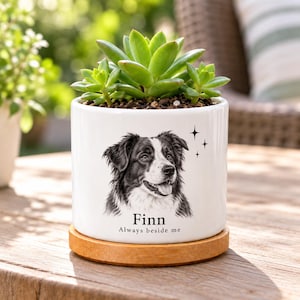May include: A white ceramic cylindrical planter featuring a black and white illustration of a dog, the name Finn, and the text Always beside me. The planter sits on a round wooden base and contains a green succulent plant with thick leaves.