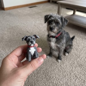 Peut inclure: Une petite figurine tenue en main représentant un chien gris et blanc avec un collier rouge, sculptée pour ressembler à un chien de type terrier assis. La figurine présente une texture de fourrure détaillée, des oreilles pointues et une tache blanche.