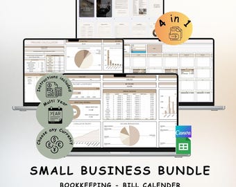 May include: A digital small business bundle displayed on multiple laptop screens. The bundle includes bookkeeping, a bill calendar, a pricing calculator, and a business planner. The image also shows the Canva logo and the text "Instant Download - Google Sheets - Canva."