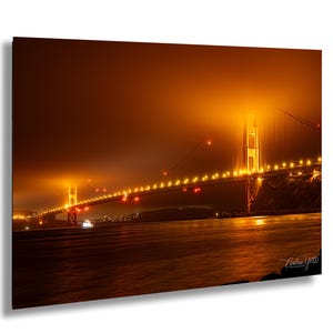 Stampa fotografica notturna del Golden Gate Bridge, foto a lunga esposizione della baia di San Francisco, luci del ponte nebbioso, skyline della California, decorazione