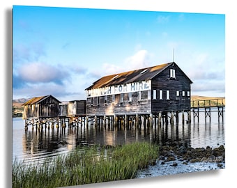 Boat House Photography Print, Coastal Pier Reflections, Launch for Hire Building