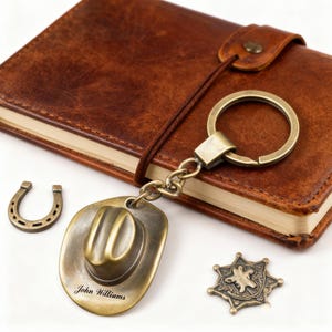 Könnte beinhalten: Ein braunes Lederjournal mit Verschluss und ein Schlüsselanhänger mit Cowboyhut-Design. Der Schlüsselanhänger ist mit "John Williams" graviert. Ein Hufeisen und ein Sheriff-Abzeichen sind ebenfalls vorhanden, was auf ein Western-Thema hindeutet.