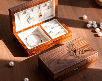 Personalized Wooden Jewelry Box, Custom Engraved Name & Birth Flower Keepsake,Mother's Day gift