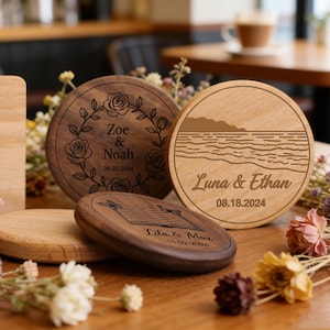 Custom Place Card Coasters – Personalized Wedding Favors, Rustic Mountain Theme Table Decor, Natural Guest Name Place Settings