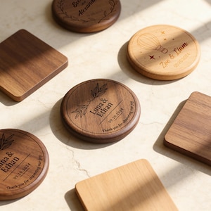 Personalized Wedding Coasters with Names – Rustic Mountain Theme Place Cards, Natural Table Decor, Custom Guest Favors