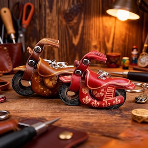 Op de afbeelding: Twee leren motorfiets sleutelhangers, één bruin en één rood, liggen op een houten oppervlak. De sleutelhangers hebben gedetailleerde reliëf ontwerpen en metalen accenten. De achtergrond bevat gereedschap en lederwaren.