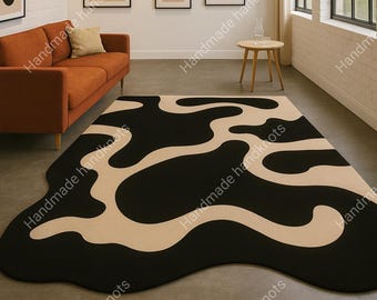 Alfombra abstracta moderna en negro y crema / Alfombra de lana hecha a mano por Handmade Handknots