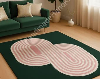 Alfombra moderna abstracta verde y rosa, alfombra geométrica tejida a mano, alfombra de diseño minimalista para sala de estar, dormitorio y decoración del hogar.