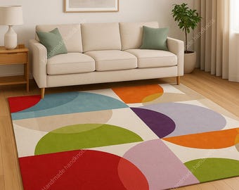 Alfombra geométrica de lana tejida a mano: decoración abstracta y colorida