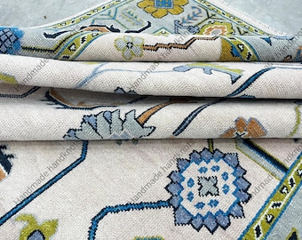 Alfombra Oushak anudada a mano: alfombra grande de lana oriental, estilo bohemio turco, suave, moderna, tradicional, color crema, azul y verde, hecha a mano.