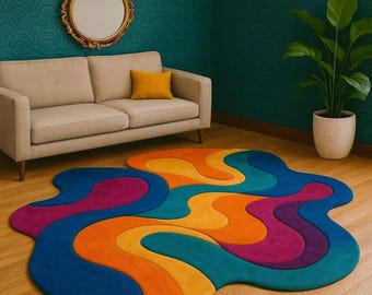 Alfombra retro ondulada tejida a mano: decoración abstracta y colorida para el hogar