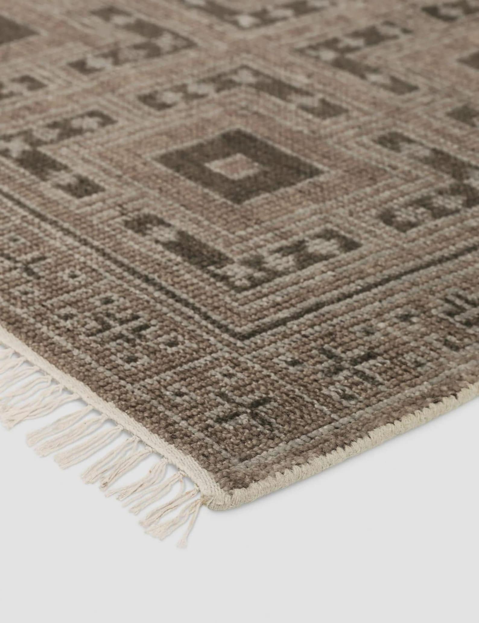 Hand knotted geometric wool rug neutral beige taupe Japandi