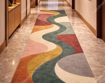 Alfombra de lana tejida a mano, alfombra moderna abstracta ondulada para pasillo, decoración colorida para el suelo