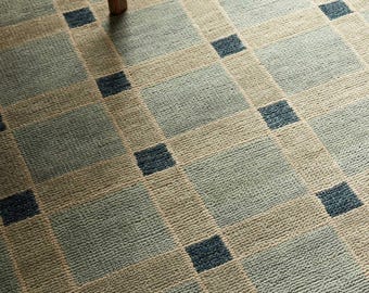 Hand Knotted Wool Area Rug, Minimalist Grid, Scandinavian Design, Sage Green Beige
