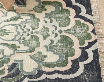 Hand Knotted Wool Oushak Rug: 9x12 Black & Green Turkish Carpet