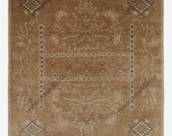 Alfombra de lana Oushak anudada a mano, alfombra tribal vintage marrón beige.