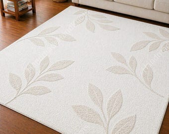 Alfombra de lujo color crema con relieve, alfombra neutra tejida a mano, alfombra minimalista de diseño floral para la decoración de la sala de estar y el dormitorio.