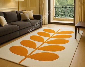 Alfombra moderna botánica de hojas naranjas, alfombra neutra tejida a mano, alfombra de diseño minimalista para la decoración de la sala de estar y el dormitorio.