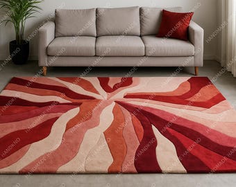 Modern Abstract Wool Carpet – Hand-Tufted Red & Beige Designer Rug for Living Room