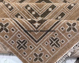 Alfombra de lana anudada a mano, alfombra geométrica beige y marrón, alfombra de lujo hecha a mano, alfombra moderna neutra, alfombra a medida, alfombra de pasillo.