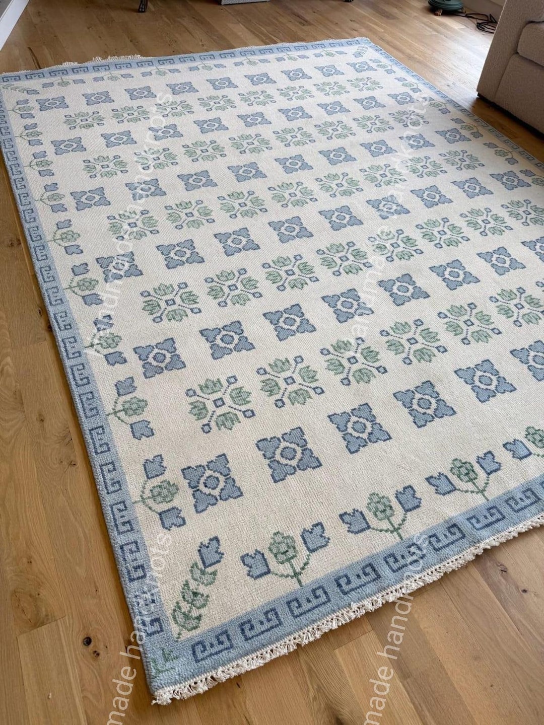 Handwoven Scandinavian Folk Rug, Blue Green Nordic Floral Carpet - Etsy