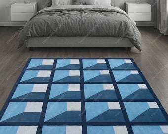 Alfombra geométrica 3D con forma de cubo: alfombra contemporánea azul, tufting a mano
