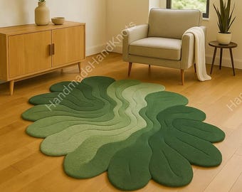 Alfombra de lujo verde abstracta con mechones, alfombra moderna irregular, alfombra botánica de diseño para sala de estar, decoración llamativa hecha a mano