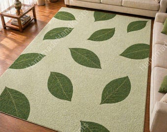 Alfombra de lujo con diseño botánico de hojas verdes, alfombra neutra tejida a mano, alfombra moderna inspirada en la naturaleza para la decoración de la sala de estar y el dormitorio.