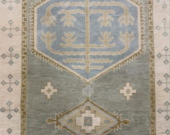 Alfombra de pasillo de lana anudada a mano, alfombra tribal oriental azul beige para pasillo.