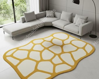 Alfombra abstracta de lujo en tonos beige y dorado, alfombra moderna de diseño tejida a mano, alfombra minimalista irregular para la decoración del hogar en la sala de estar.