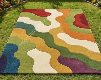 Alfombra abstracta colorida para exteriores, alfombra moderna con estampado ondulado, alfombra bohemia para jardín y patio, alfombra artística tejida a mano para decoración.