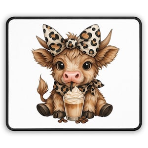 May include: A mousepad featuring a cartoon calf with a leopard print bow, scarf, and a drink with whipped cream. The calf is brown with large eyes and a pink nose. Coffee beans are scattered around the drink. The mousepad has a black border.
