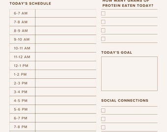 Może przedstawiać: Beżowy planer dzienny z napisem "DAILY PLANNER" u góry. Zawiera sekcje na datę, harmonogram, spożycie białka, cele i kontakty towarzyskie. Planer ma minimalistyczny design.