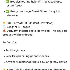 以下が含まれることがあります： 白い背景に、デジタルガイドに関するテキストが表示されています。このガイドは、ステップバイステップの説明、トラブルシューティングのヘルプ、およびチートシートを提供します。15ページ以上のPDFで、即時ダウンロードできます。テクノロジー初心者、再販業者、デバイスの問題を抱える方向けです。