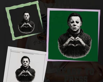 May include: Three square images featuring a black and white illustration of a person in a mask forming a heart shape with their hands. The images are framed in green, pink, and white.
