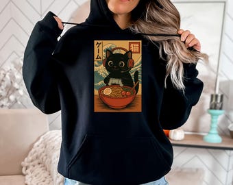Cute Kawaii Gamer Cat Hoodie: Funny Ramen Retro Japanese Cat Gaming