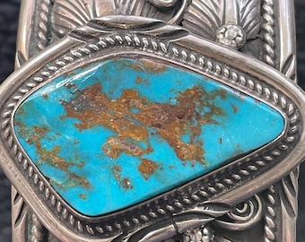 Sterling Cuff with Large Freeform Turquoise Stone - Navajo