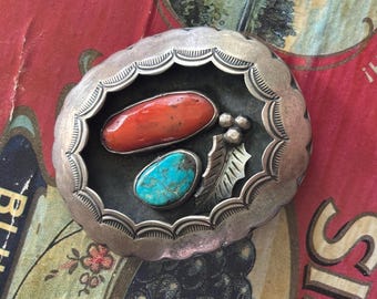 Vintage Shadow Box Pendant/Pin with Coral and Turquoise Sterling Silver