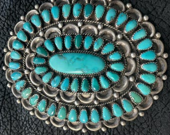 Zuni Cluster Pin / Brooch Sterling and Natural Turquoise