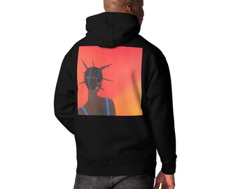 May include: Black hoodie featuring a vibrant painting on the back. The artwork depicts a person with dark skin, adorned with a unique hairstyle and gold earring, set against a gradient of red and orange hues. The hoodie is a casual garment.