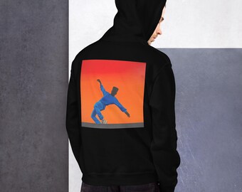 May include: Black hoodie with a colorful graphic on the back. The graphic features a person in blue clothing against an orange and red gradient background. The person is in a dynamic pose, with one arm raised.