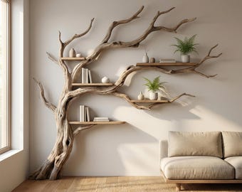 Estantería artesanal de madera flotante, estante de pared rústico de madera natural, decoración de estilo bosque.