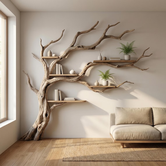 Handmade Driftwood Tree Bookshelf, Rustic Natural Wood Wall Shelf, Woodland Decor