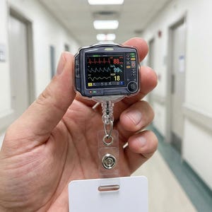 May include: A badge reel featuring a miniature medical monitor with a screen displaying vital signs. The monitor shows a heart rate of 88, SpO2 of 99%, and a respiration rate of 18. The reel has a clear plastic strap and a white rectangular tag.