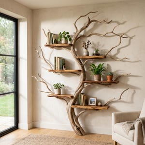 Op de afbeelding: Een boomvormige houten boekenplank aan de muur. De planken bevatten boeken en potplanten, wat een natuurlijke, organische uitstraling creëert. De takken strekken zich uit, wat bijdraagt aan het artistieke ontwerp. Een blikvanger voor elke kamer.