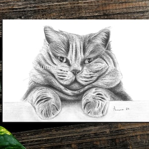 Puede incluir: Dibujo a lápiz en blanco y negro de un gato atigrado gris con expresión seria. Las patas del gato descansan sobre una superficie blanca, con la firma del artista y el año '24' visibles. La obra está sobre un fondo de madera.