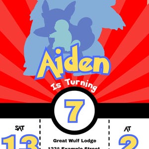 Könnte beinhalten: Eine Geburtstagseinladung mit rotem und weißem radialem Hintergrund. Die Einladung zeigt den Namen "Aiden" in Gelb und Blau, mit dem Text "Is Turning 7". Das Datum ist der 13. September um 14 Uhr.